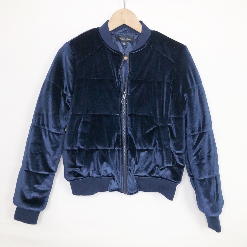 NEW Look navy blue velvet bomber jacket
